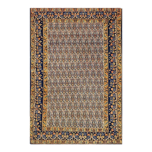 Antique Persian Senneh Wool 4X6 Blue, Gold & Orange Handmade Area Rug #1143202