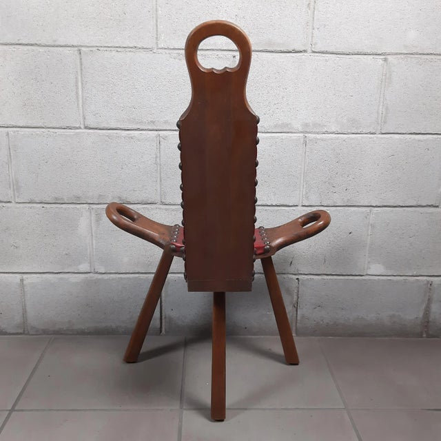 Spanish Brutalist Chair in Wood & Red Leather, 1960s, Set of 2 For Sale - Image 11 of 18
