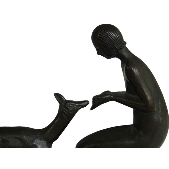 Antique Art Deco Bronze Sculpture "Woman Feeding Deer" on Red Marble Base 6.5"l X 5.5"h For Sale In Greenville, SC - Image 6 of 10