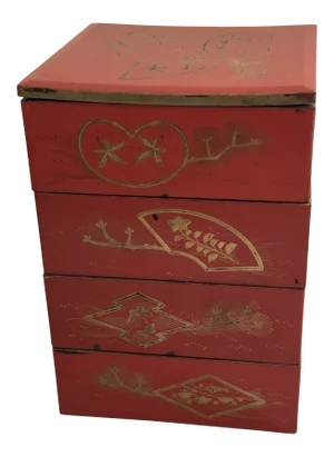 Japanese Red Lacquer and Gold Decorated Stacking Bento Box
