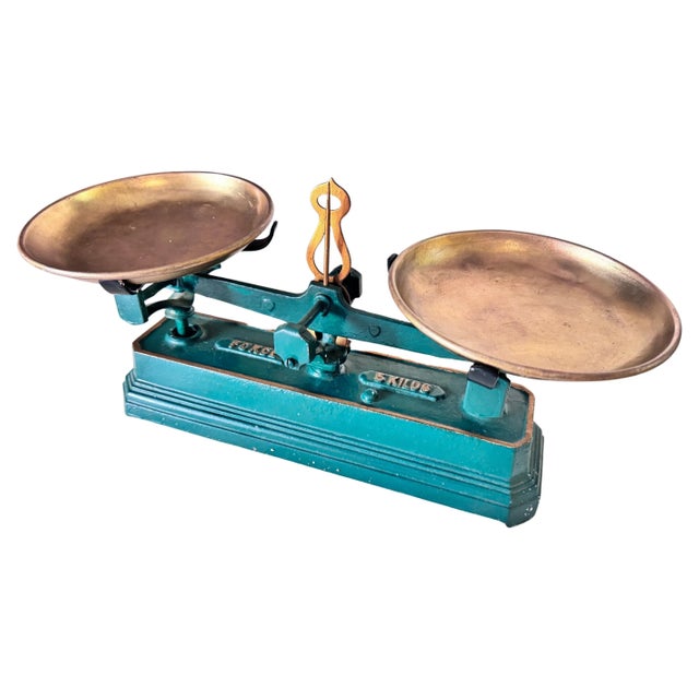 Antique French Green and Gold Wrought Iron and Brass Scale, 19th Century For Sale - Image 13 of 13