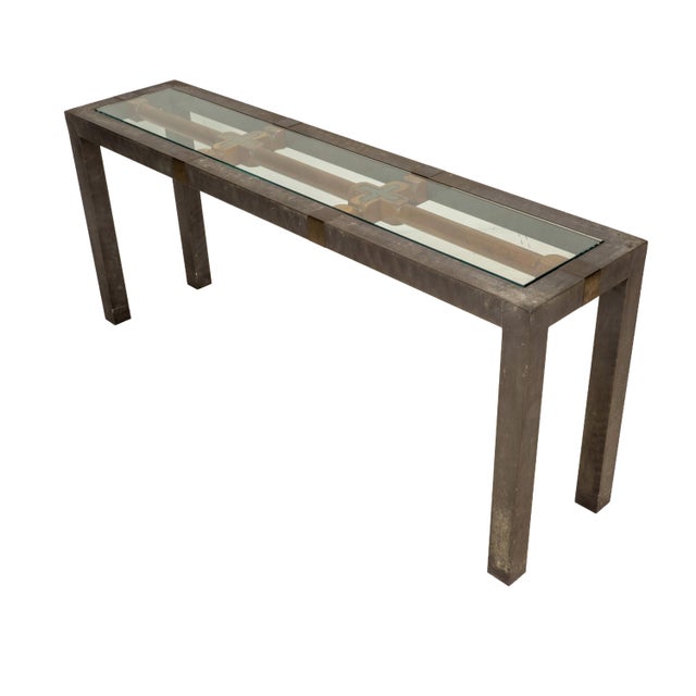 Vintage Brutalist Iron, Brass & Wood Console Table W/ Thick Beveled Glass Insert For Sale - Image 9 of 18