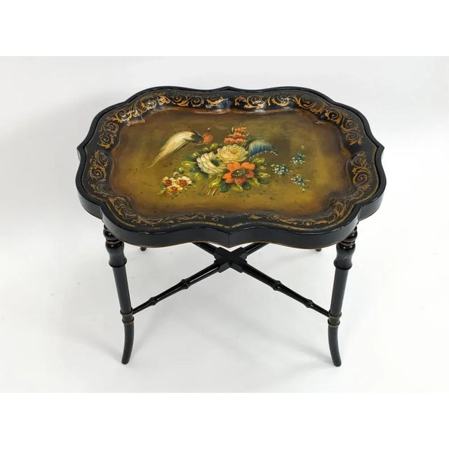 19th Century Polychrome Black Lacquer Tole Tray Table For Sale - Image 4 of 12