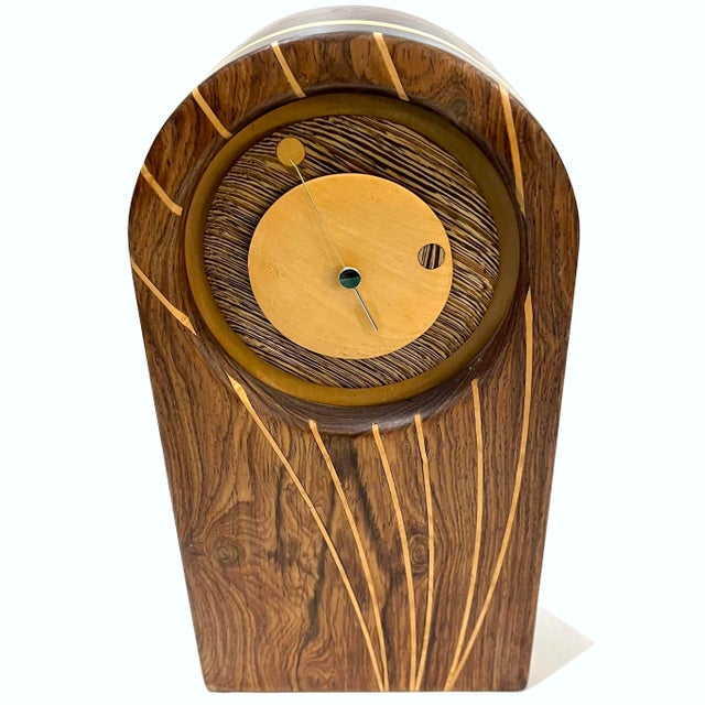 1970's Inlaid Wood Desk Table Clock For Sale - Image 6 of 9