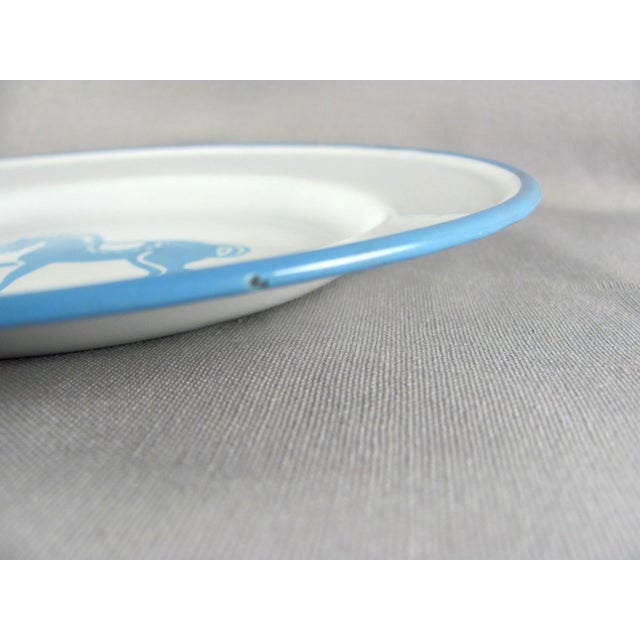 Metal 8" Mid Century Modern Kockums Jernverk Sweden Enamelware Turquoise Blue Horse Pony Plate Child's Dish For Sale - Image 7 of 8