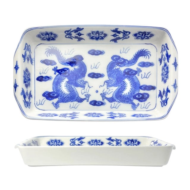 Vintage Asian-Style Blue White Double Dragon Porcelain Casserole Baking Dish 15” Good vintage condition. No chips, cracks,...
