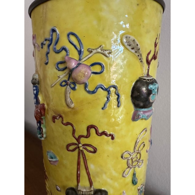 Antique Chinese Famille Rose Yellow Lamp Relief Decorated Vase For Sale In San Diego - Image 6 of 18