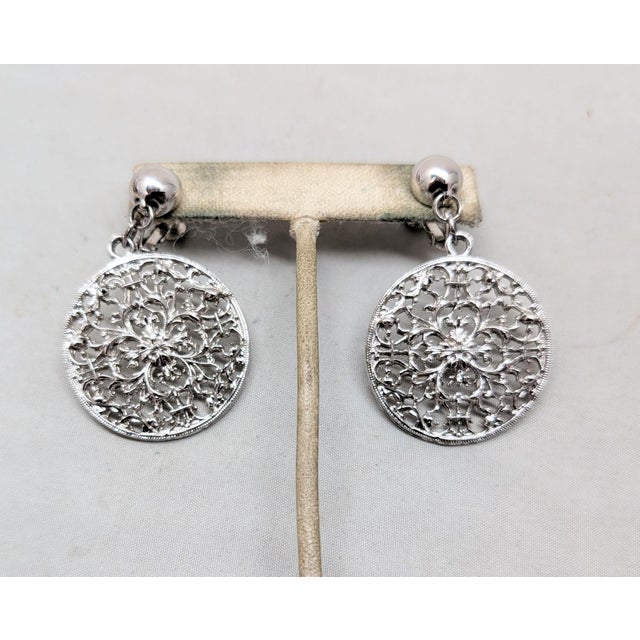 1970s Vintage C1973 Signed Napier Rhodium Plated Openwork Drop Clip Earrings-2 Pieces For Sale - Image 5 of 8