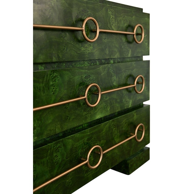 2020s Matthew Izzo Home Roderick Green Burlwood Three Drawer Chest With Brass Accents For Sale - Image 5 of 8