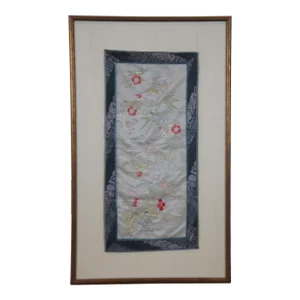 Early 20th Century Chinese Chinoiserie Silk Embroidered Floral Panel Cherry Blossoms