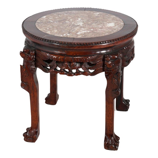 Early 20th Century Chinese Carved Hardwood & Inset Marble Round Plant Stand For Sale