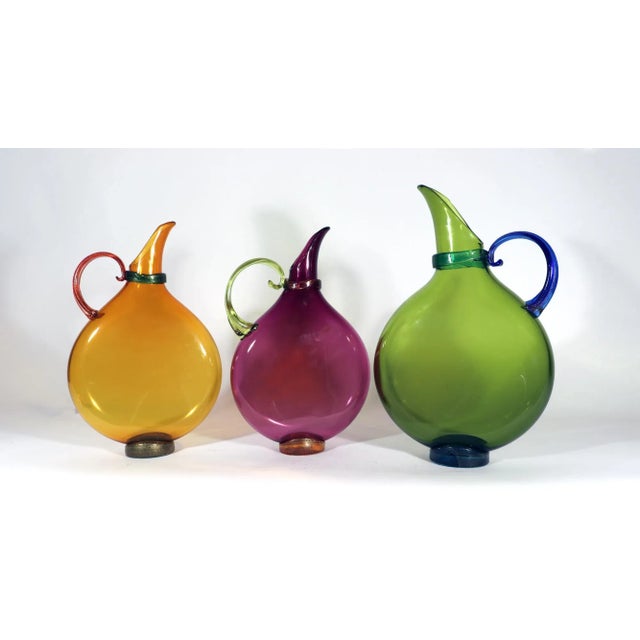 Art Glass Hand Blown Flat Transparent Glass Pitchers, Set of Three. For Sale - Image 11 of 11