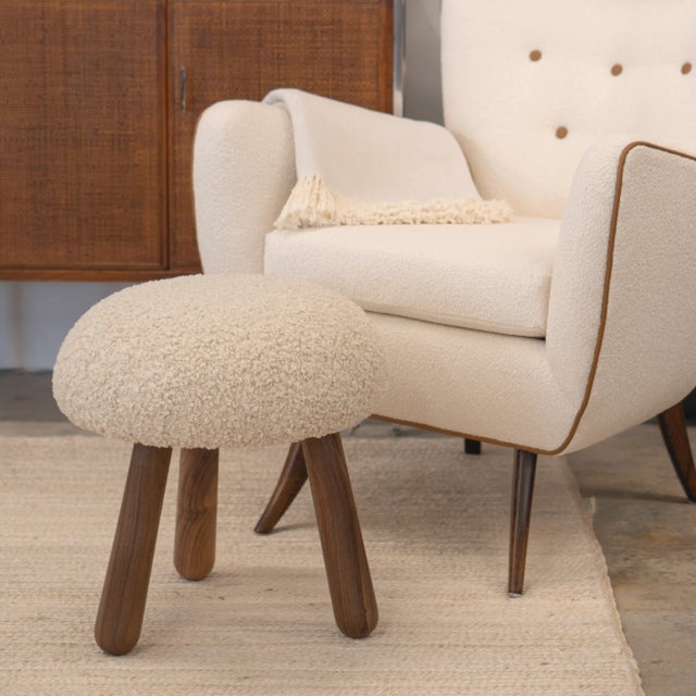 Mid-Century Modern Wooly Ottoman in Natural Faux Lambswool & Walnut by Object Refinery For Sale - Image 3 of 9