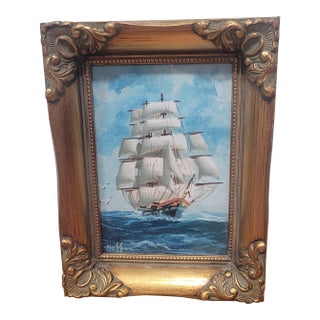 1980s Miniature Oil Painting on Wood Clipper Ship William Hoffman For Sale