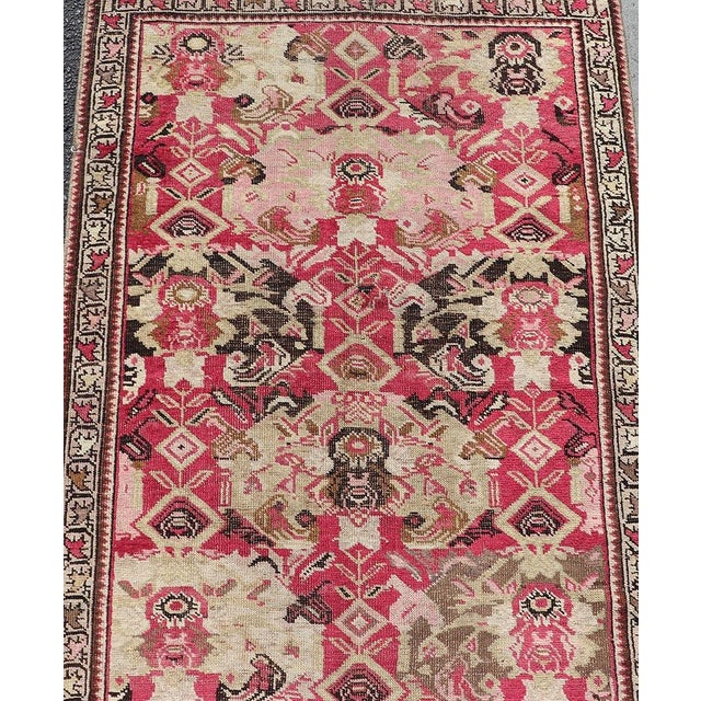 Tribal Long Antique Caucasian Karabagh Runner With Ivory and Rose Field Design For Sale - Image 3 of 10
