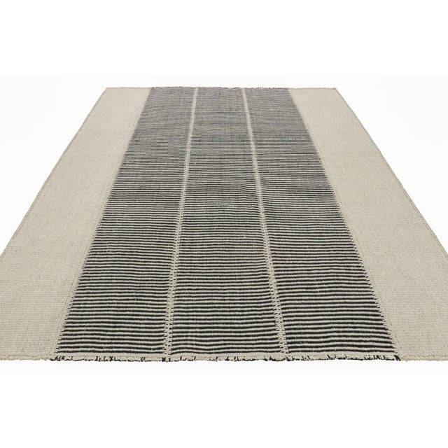 2010s Rug & Kilim’s Contemporary Kilim With Black and Cream White Textural Stripes For Sale - Image 5 of 7