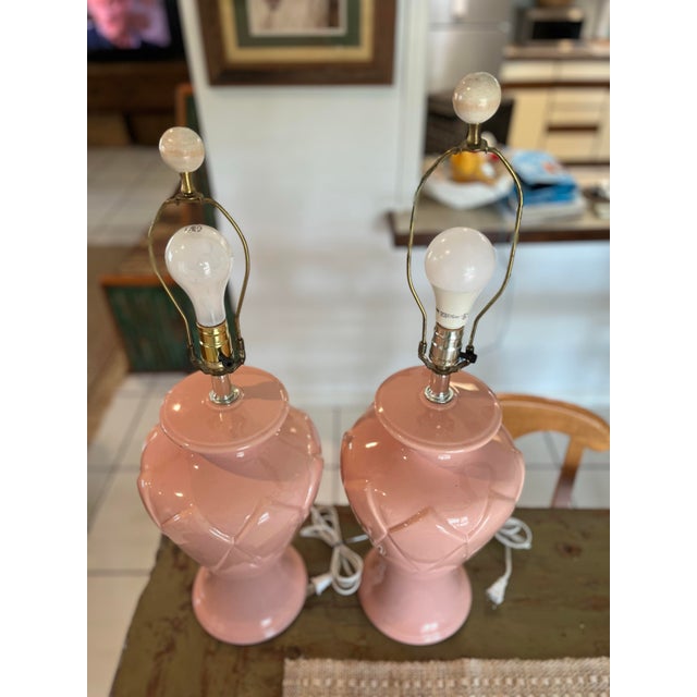 Pair of Vintage Blush Pink Ceramic Diamond Pattern Table Lamps With Three Settings/No Shades For Sale - Image 11 of 11
