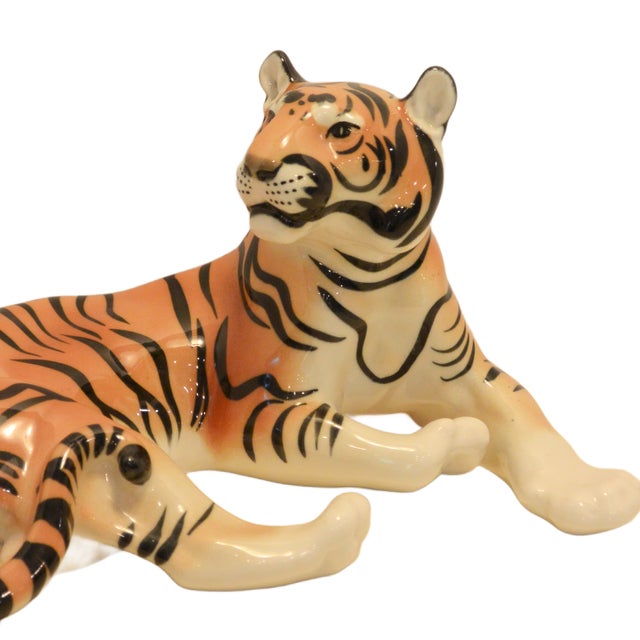 Large Hand-Painted Lomonosov Porcelain Lying Tiger by Boris Vorobiev For Sale - Image 4 of 10