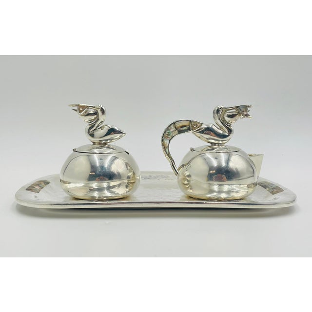 Silver 1970s Los Castillo Taxco Pelican Creamer, Sugar & Serving Tray, Mexican Silversmithing - 3pcs For Sale - Image 8 of 18