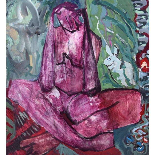 Vintage mid century modern, figurative abstract painting by Joanne Cooper of a female nude with a rabbit. Heavily...