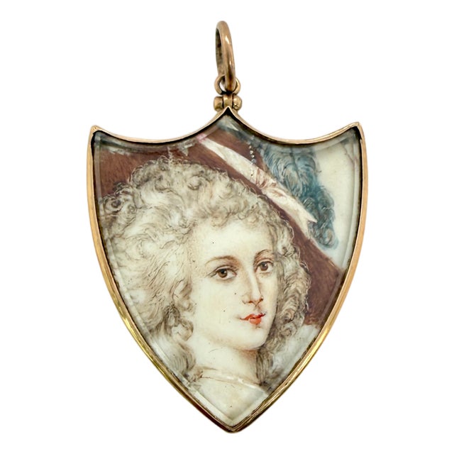 Eighteenth Century Miniature Portrait of a Lady 14k Gold Shield Frame For Sale