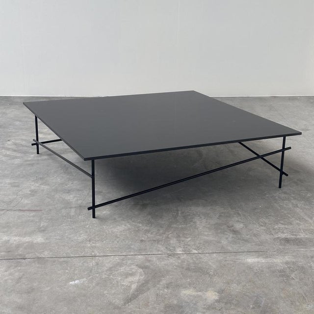 Black Minimalist Black Glass Coffee Table with Industrial Metal Base For Sale - Image 8 of 11