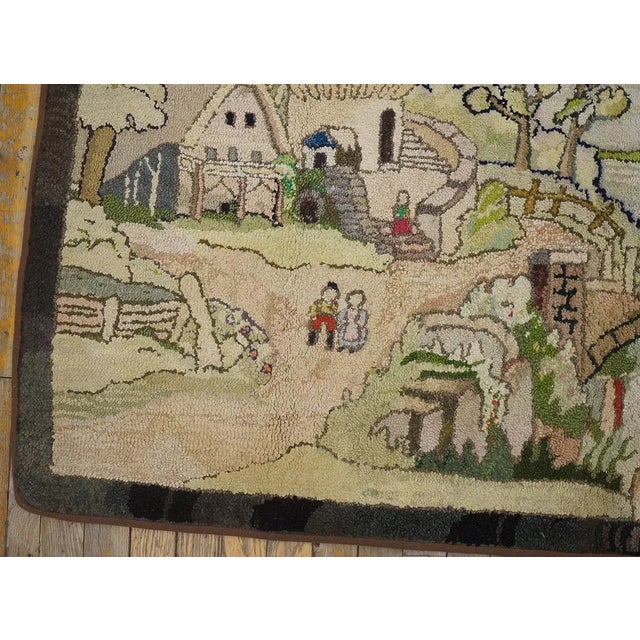 1940s Tan Ecru Dutch Windmill Scenic Pictorial Antique American Hooked Rug 3'2" X 5'6" Wool Carpet For Sale In New York - Image 6 of 9