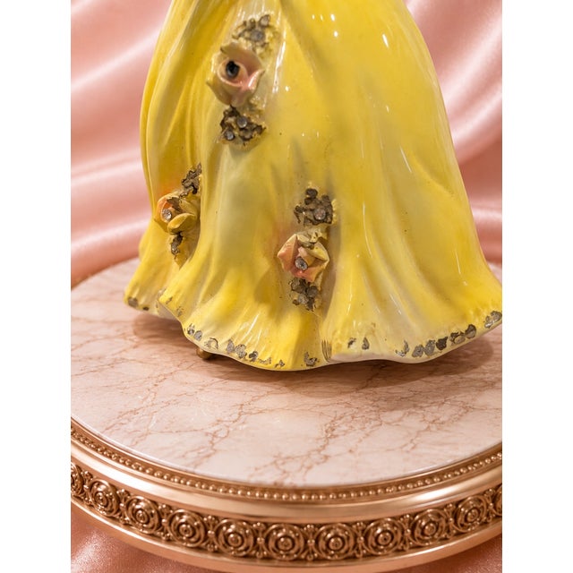 1950s Japanese Porcelain Lady Figurine in Yellow Gown With Rhinestones & Flowers For Sale - Image 9 of 11