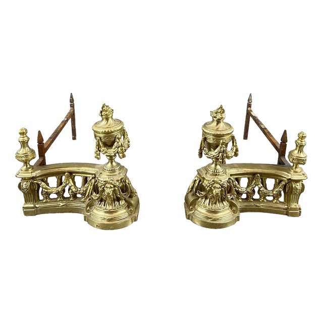 20th Century Louis XVI Style Gilt Bronze Andirons, Set of 2 For Sale