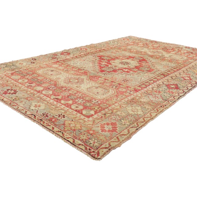50654 Vintage Turkish Oushak Rug, 04'03 x 07'01. This hand knotted wool vintage Turkish Oushak rug features a stepped...
