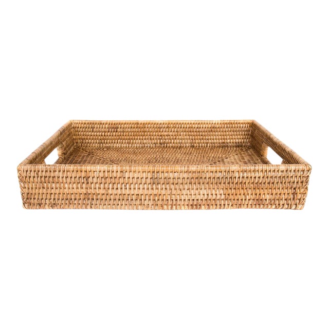 Artifacts Rattan Rectangular Tray with Cutout Handles in Honey Brown - 17" x 12" For Sale