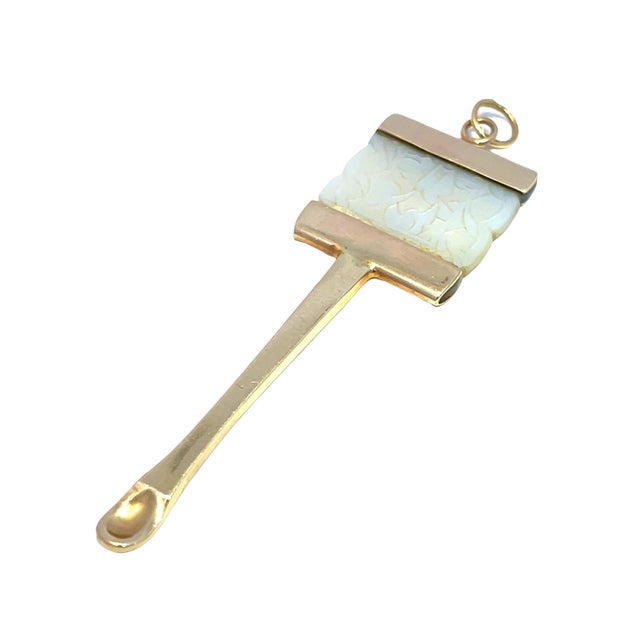 14k Yellow Gold Party Spoon Pendant With Carved Mother of Pearl For Sale - Image 4 of 5