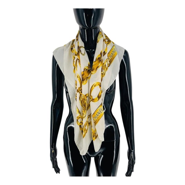 Chanel White Printed 100% Silk Scarf For Sale