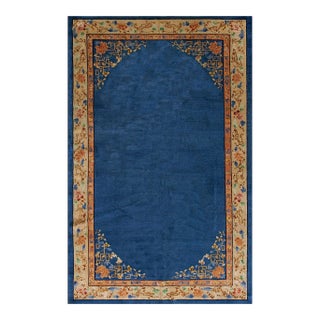 1920s Blue Open Floral Antique Chinese Art Deco Rug 6'9" X 10'8" Wool Knotted Carpet For Sale