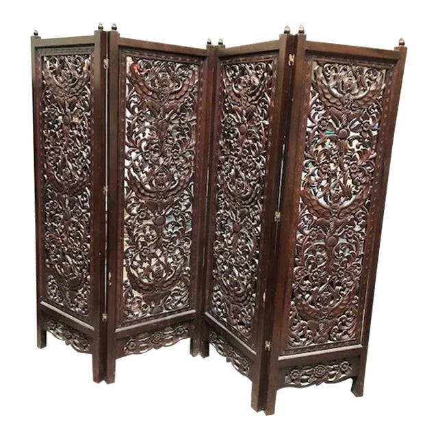 Mid 20th Century Thai Antique Hand Carved Teak Wood Panel For Sale