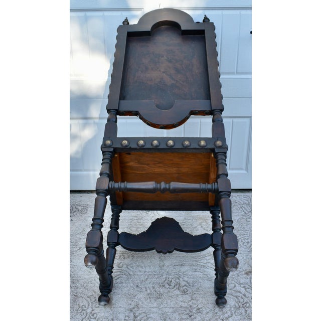 Antique Tudor Carved Walnut & Tooled Leather High Back W/Brass Studs & Finials For Sale - Image 12 of 12