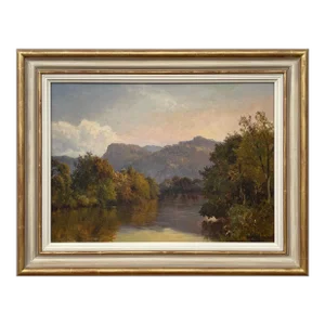Oil Painting of a Tree-Lined River Landscape in the Scottish Highlands by 19th Century British Artist, Alfred De Breanski Snr, (1852 - 1928)