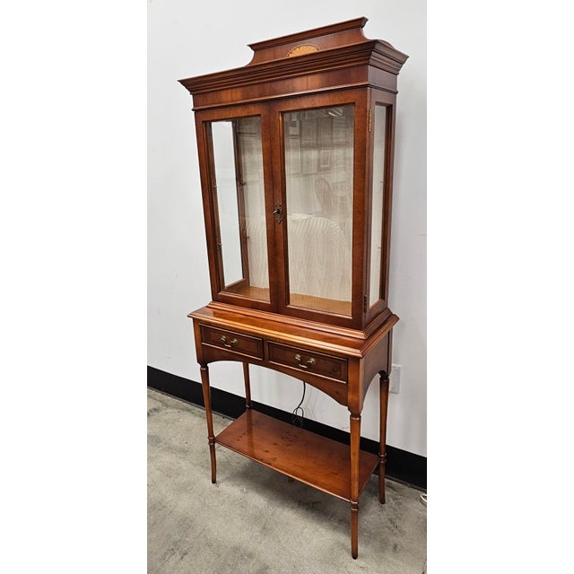 Mid 20th Century Southampton Edwardian Style Marquetry Inlaid Yew Wood Two-Part Display Cabinet For Sale - Image 11 of 12