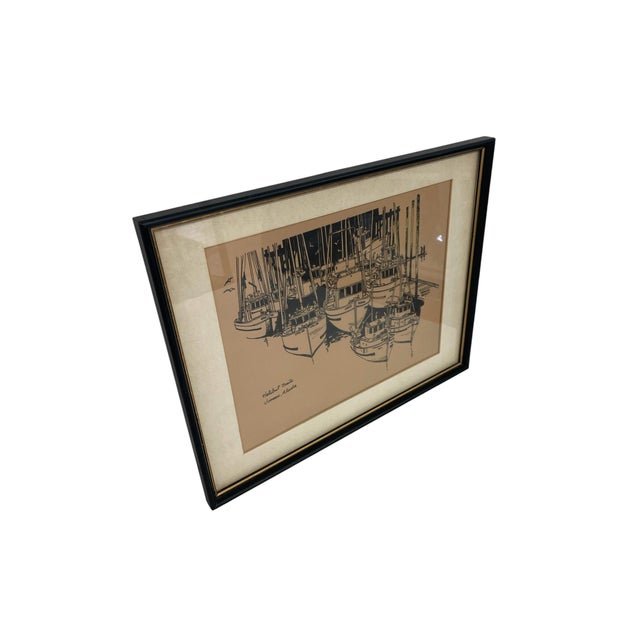This vintage graphic print by artist Bruce Boyd depicts halibut fishing boat berthed alongside a pier in Juneau, Alaska....