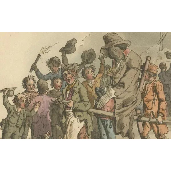 William Pyne, Mock Procession of Guy Fawkes, 1805, Hand-Colored Aquatint For Sale - Image 3 of 6