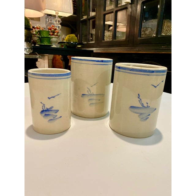 Set of three vintage hand-decorated blue and white ironstone landscape motif Chinese paint brush pot holders. They ca be...