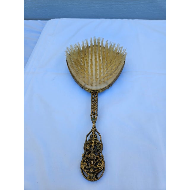 Venetian Brass Filigree Jeweled Mirror and Brush Set For Sale - Image 13 of 17
