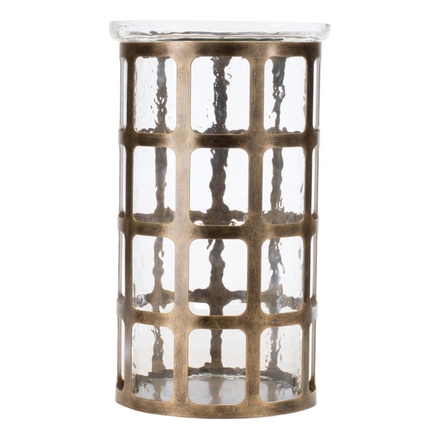 Wavy Glass Candle Holder with Distressed Metal Frame 12.25"H For Sale