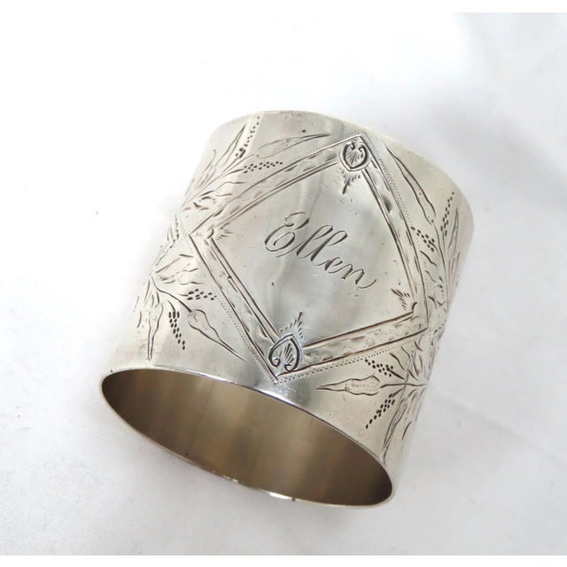 Victorian Large Antique American Victorian Engraved "Ellen" Sterling Silver Napkin Ring For Sale - Image 3 of 13