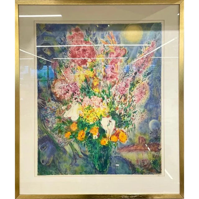 After Marc Chagall "Bouquet De Fleurs" Lithograph in an elegant gilt gold frame underglass, 1970s.