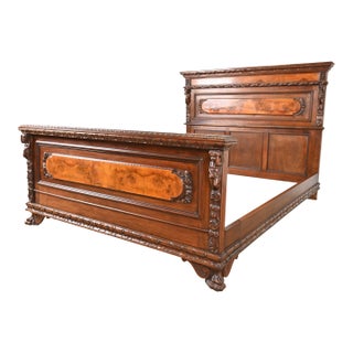 Antique Italian Renaissance Revival Carved Walnut and Burl Wood Queen Size Bed, Circa 1900 For Sale