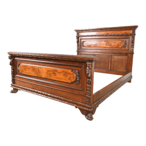 Antique Italian Renaissance Revival Carved Walnut and Burl Wood Queen Size Bed, Circa 1900