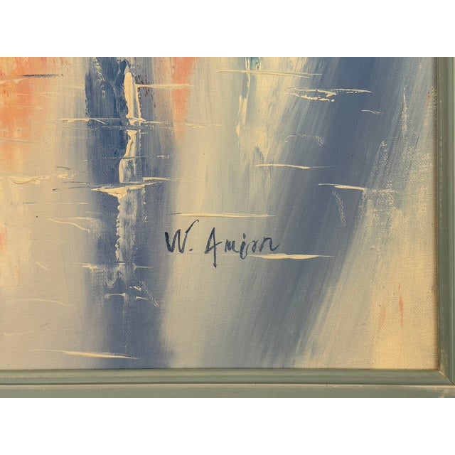 Mid-Century Impressionist Rainy Cityscape by W. Amion – Heavy Slate Blue Frame For Sale - Image 9 of 15