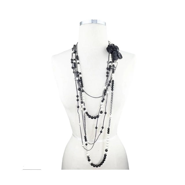 Chanel Black CC Beaded Flower Pin Black Bead Pearl 5 Strand Necklace *Marked 03 *Made in France *Comes with original box...