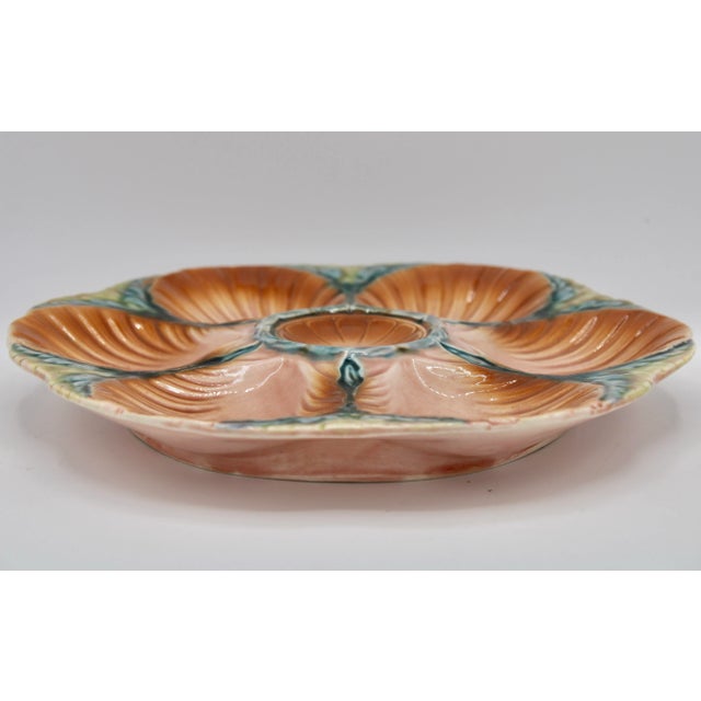 Sarraguemines 1940s French Art Deco Blue Green and Peach Ceramic Oyster Plate For Sale - Image 4 of 11